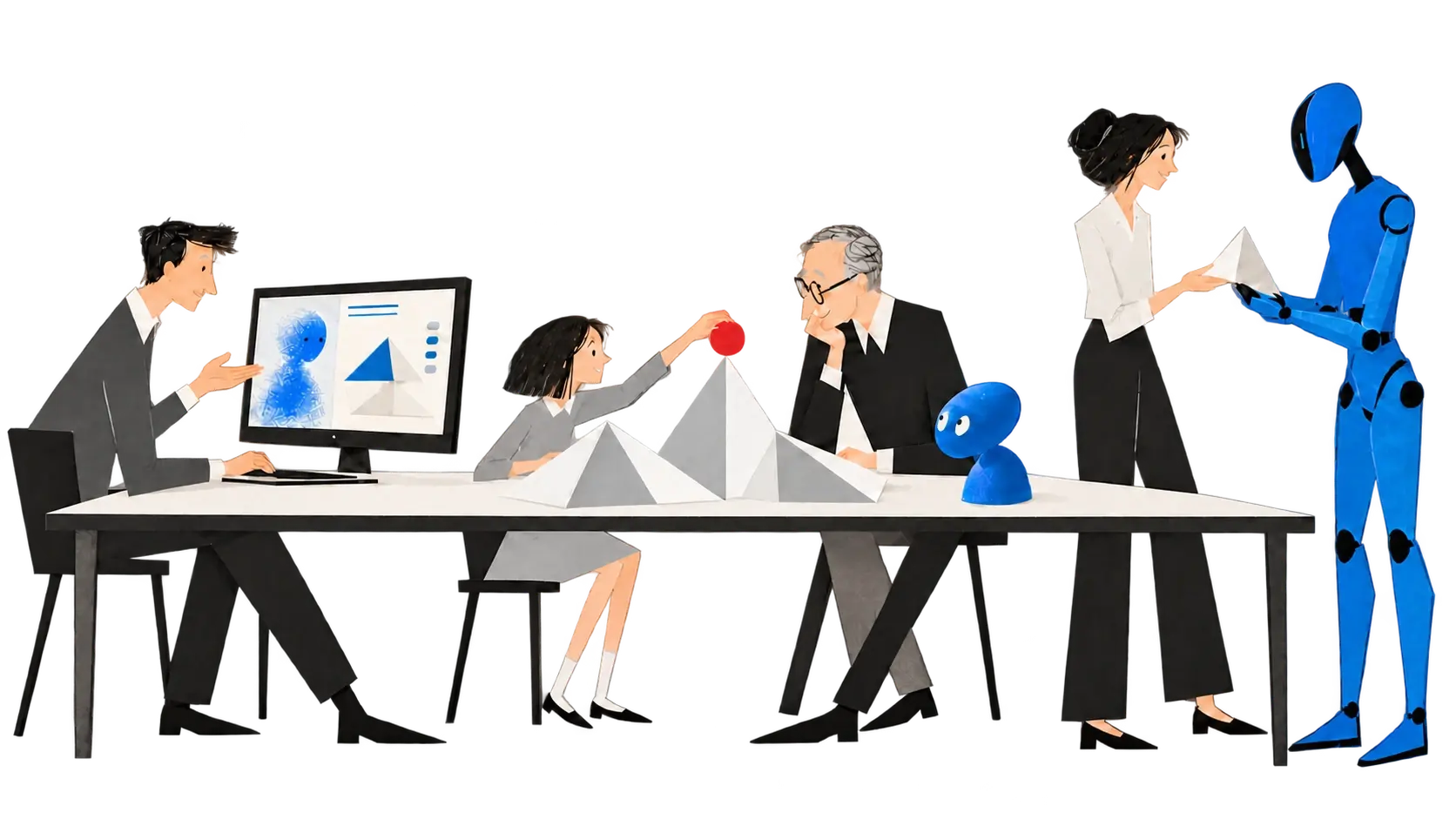 Original concept illustration: a seated person talks with a virtual agent on a computer; people make a paper structure with a blue desktop robot watching their activity, while a humanoid helps nearby in the same space.