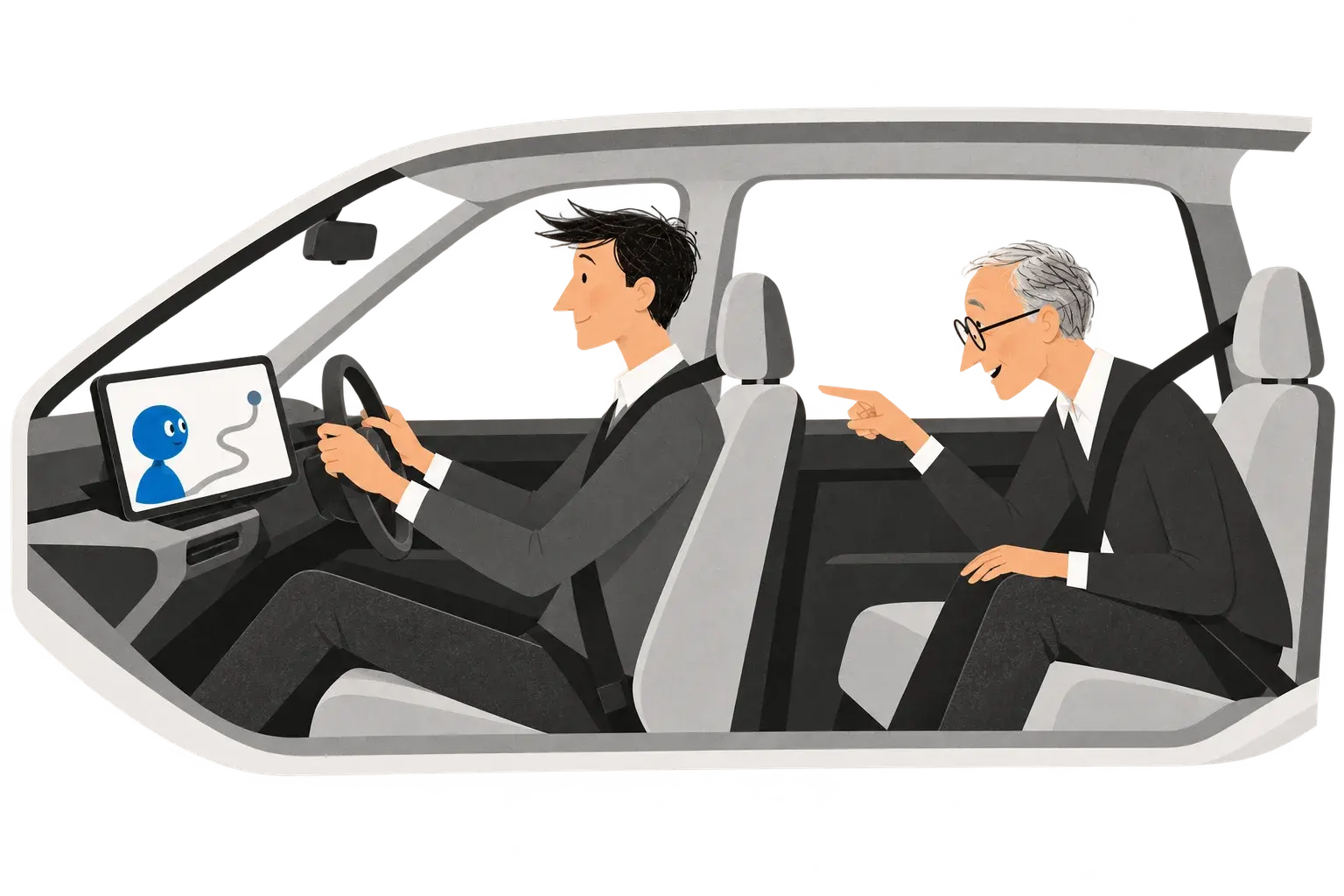 Concept illustration of a passenger talking with a cabin assistant.