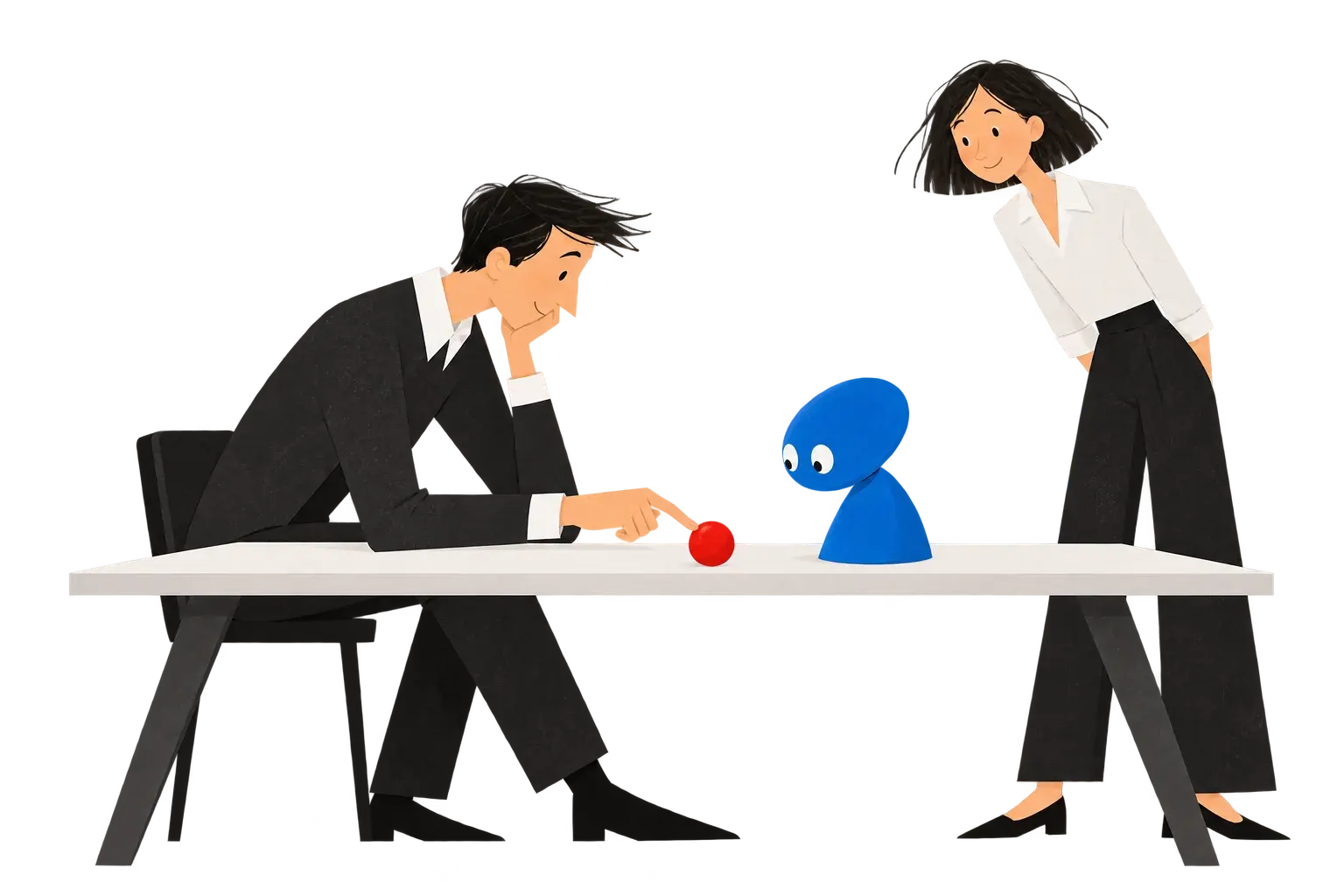 Concept illustration of a blue desktop agent with a person at work.
