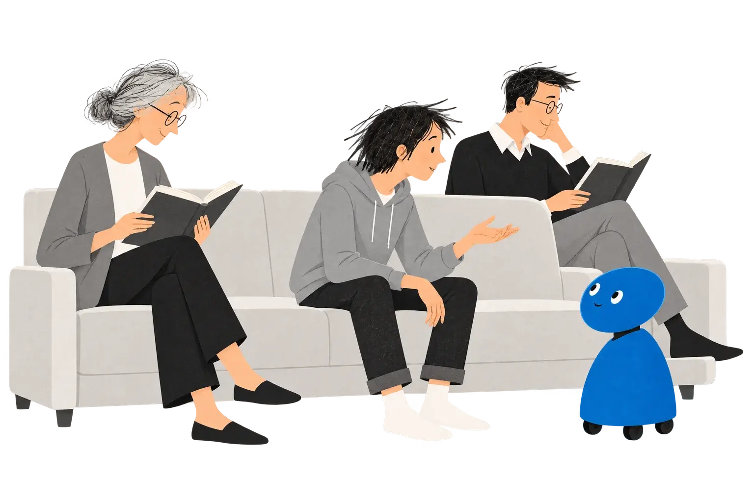 Concept illustration of a robot sharing a room with people reading and talking.