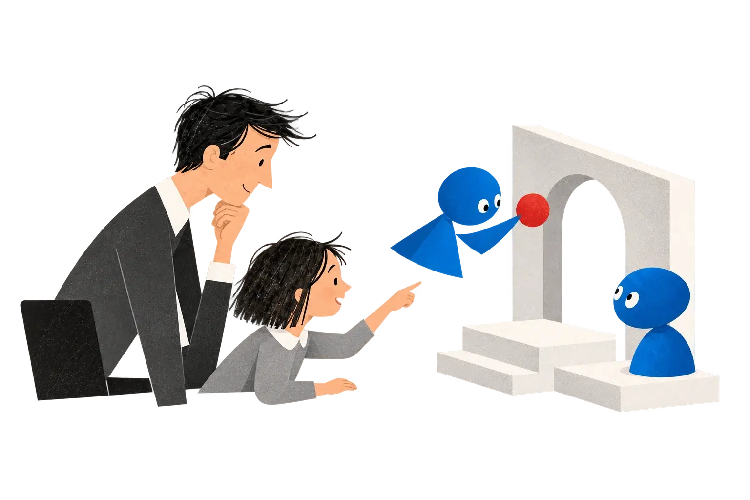 Concept illustration of people exploring a virtual world with blue characters.