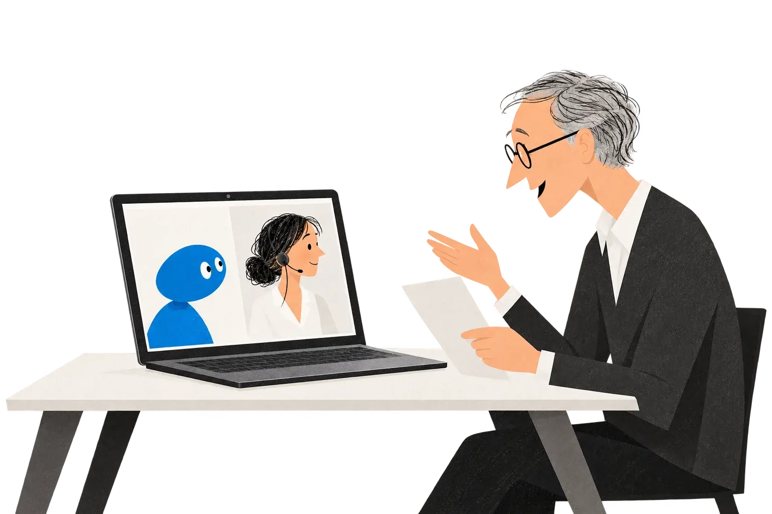Concept illustration of a customer, digital assistant and human service specialist.