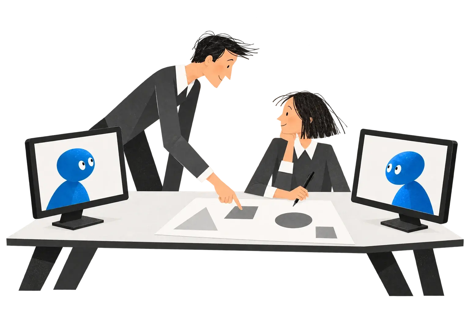 Concept illustration of colleagues and screen agents sharing a work table.